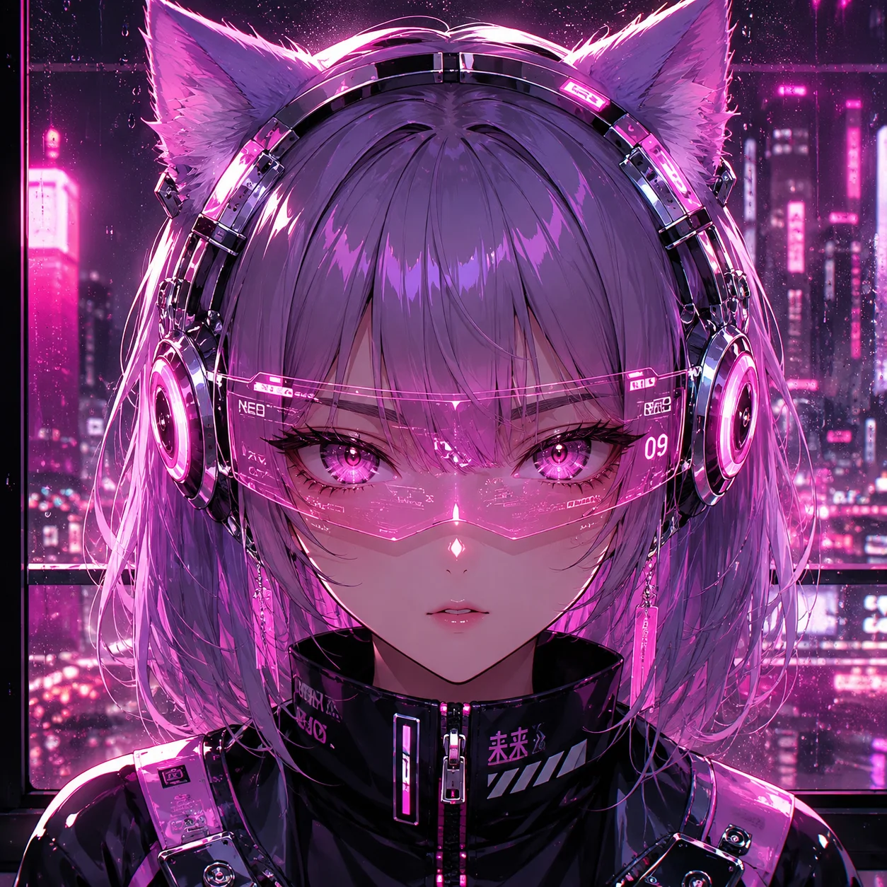 Cyberpunk anime cat girl pfp with neon city background for futuristic TikTok anime profile