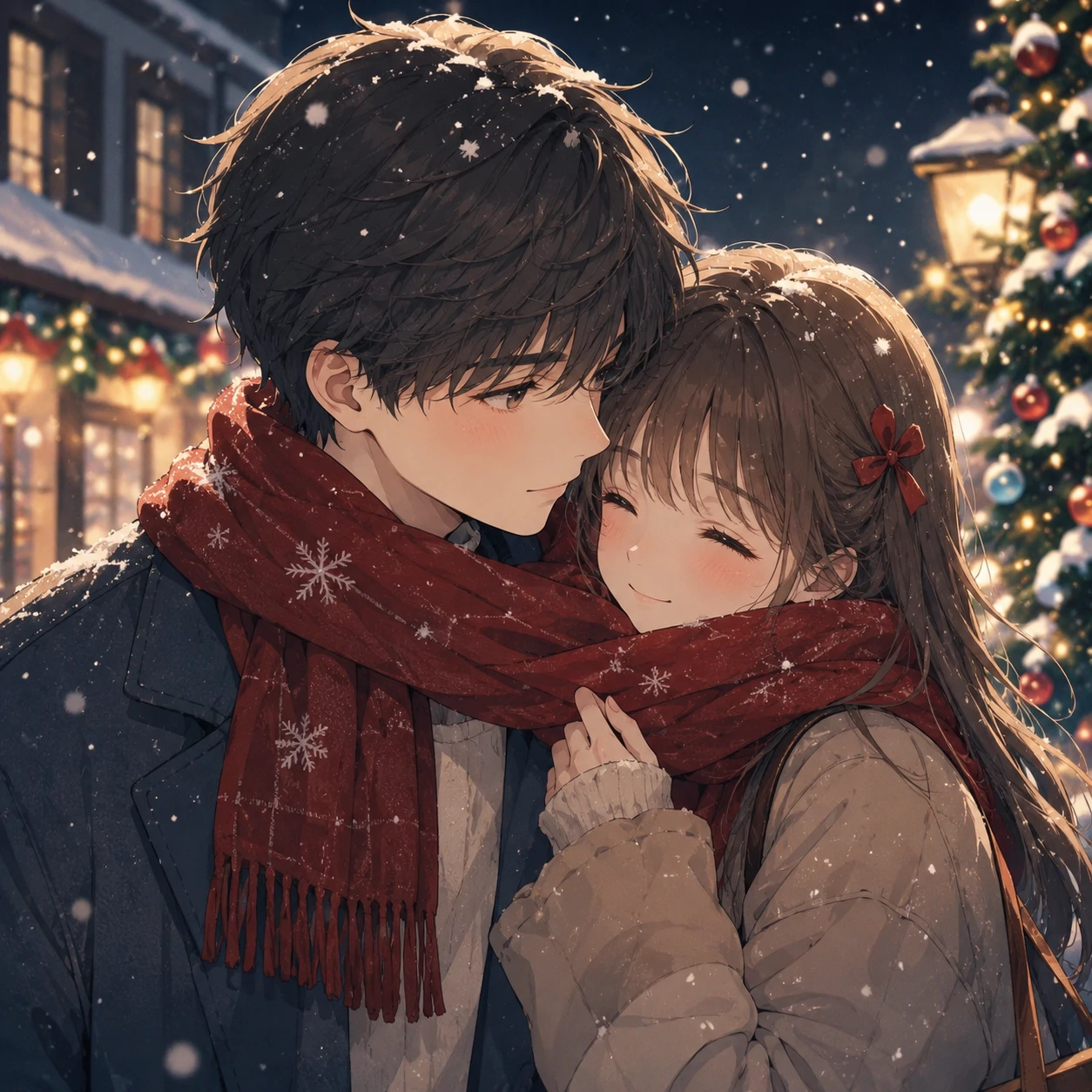 Anime Christmas PFP of a matching couple sharing one long red scarf under snow