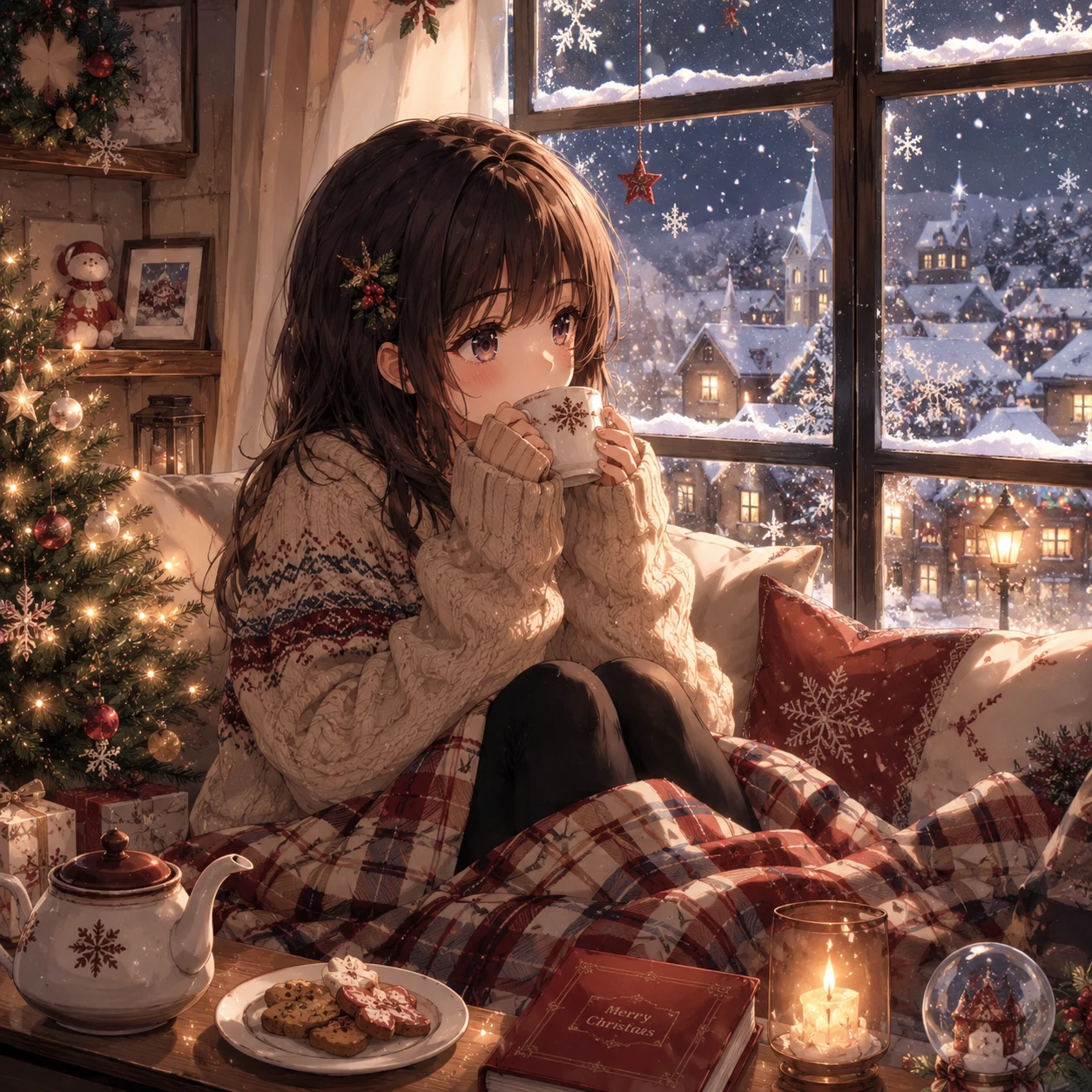 Anime Christmas PFP of a girl in an oversized sweater holding tea by a snowy window