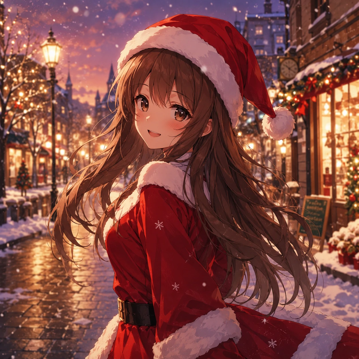 Anime Christmas PFP of a smiling girl with long hair wearing a red Santa outfit and pom-pom hat