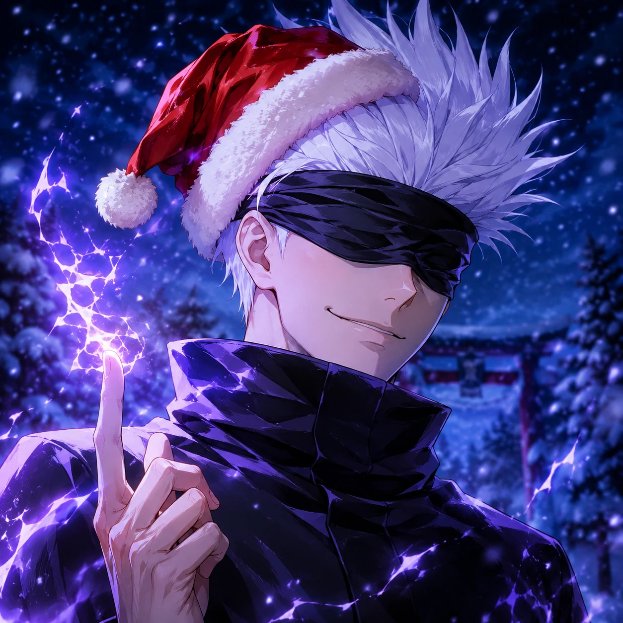 Anime Christmas PFP of a white-haired sorcerer character wearing a Santa hat and blindfold