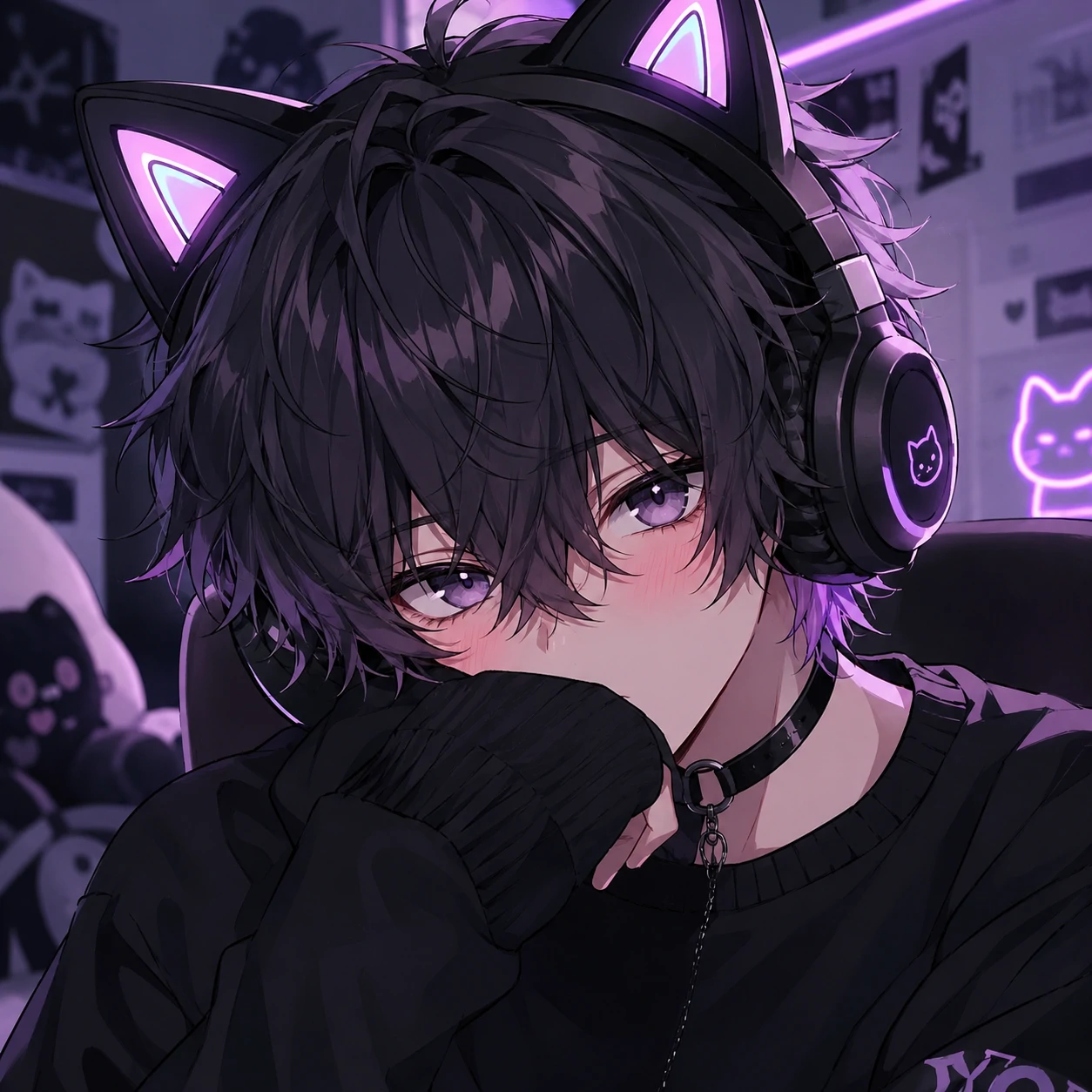 Anime femboy pfp wearing cat ear headphones and a black oversized sweater