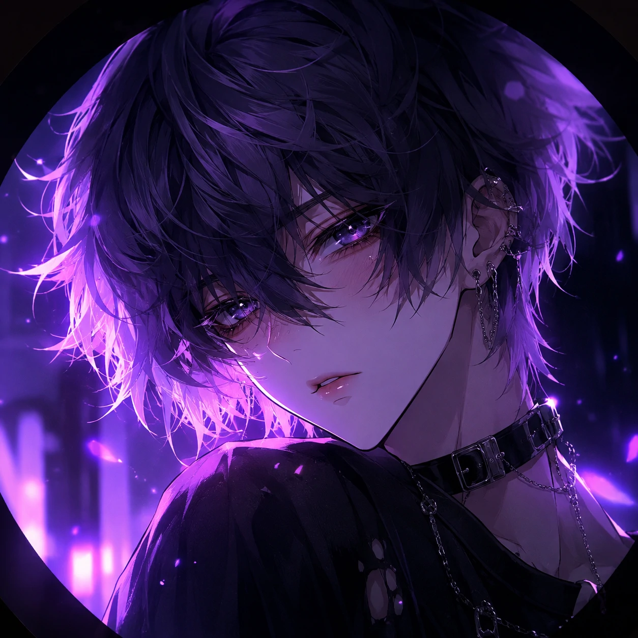 Cinematic anime femboy pfp with purple glow and glossy eyes