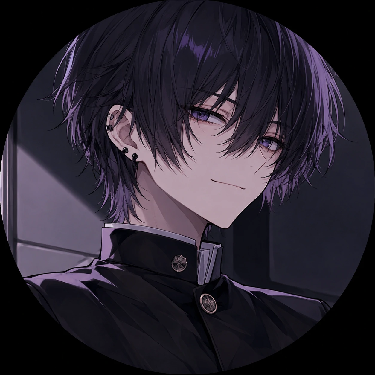 Anime femboy pfp in a dark school uniform with a subtle smile