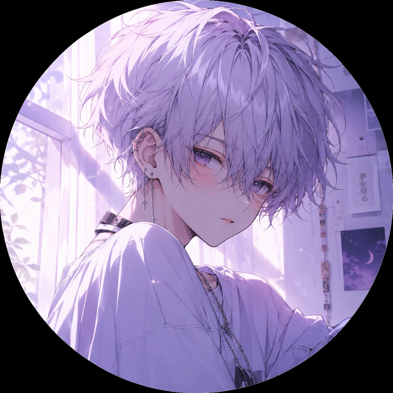 Dreamy anime femboy pfp with window light and pale lavender hair
