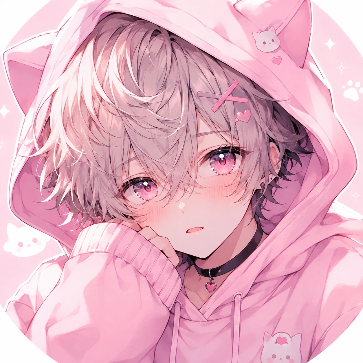 Anime femboy profile picture in a pastel pink hoodie with bright eyes
