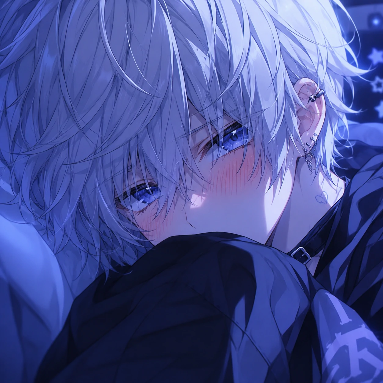 Anime femboy pfp with silver hair, blush cheeks, and soft blue lighting