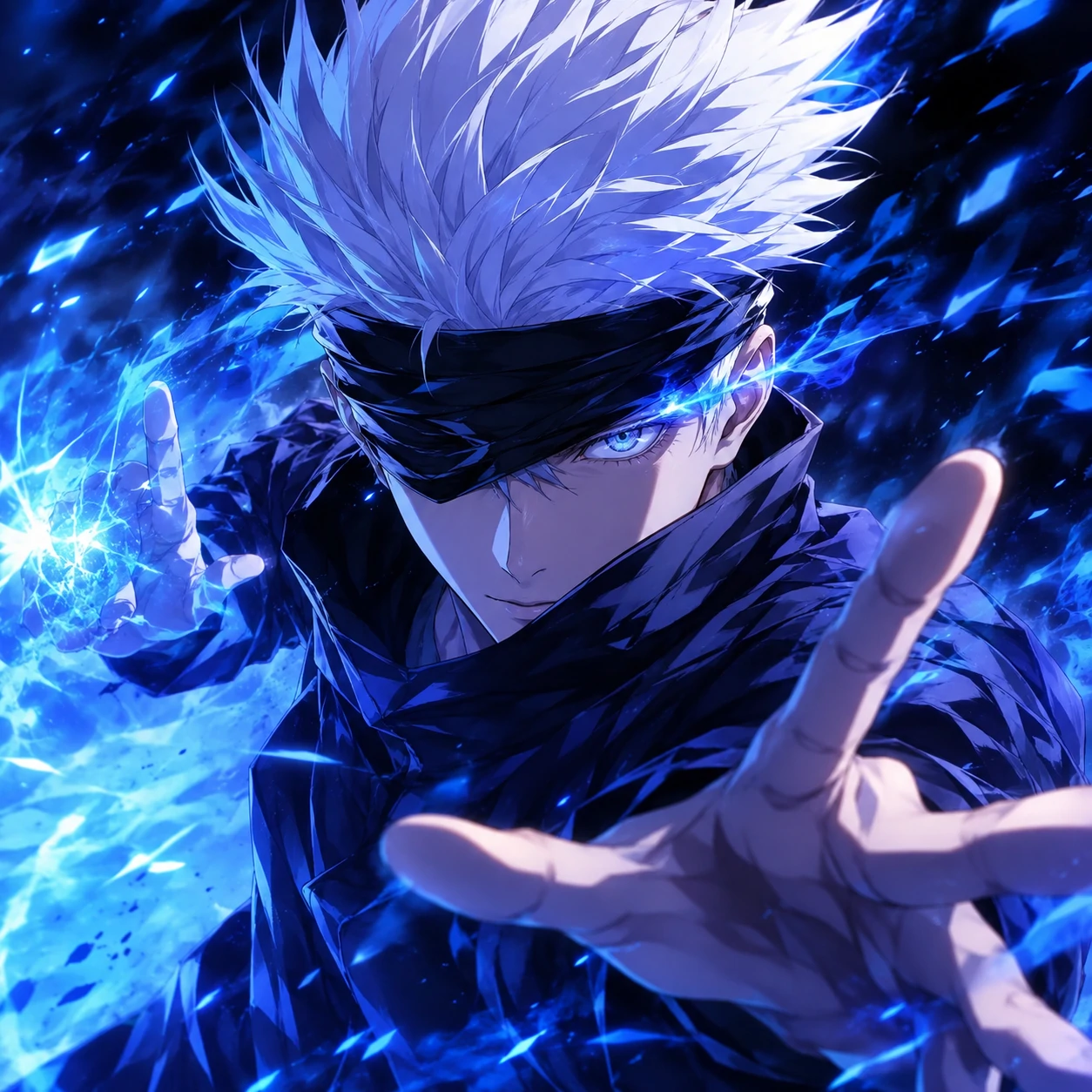 Gojo anime pfp from action frame with blue energy and dynamic pose
