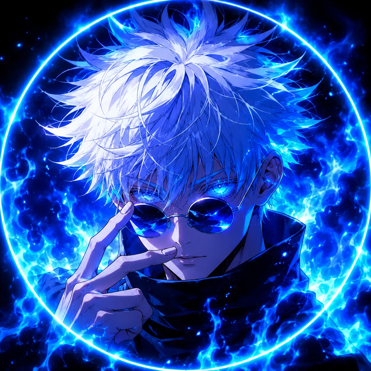 Anime Gojo avatar with blue aura effects and focused expression