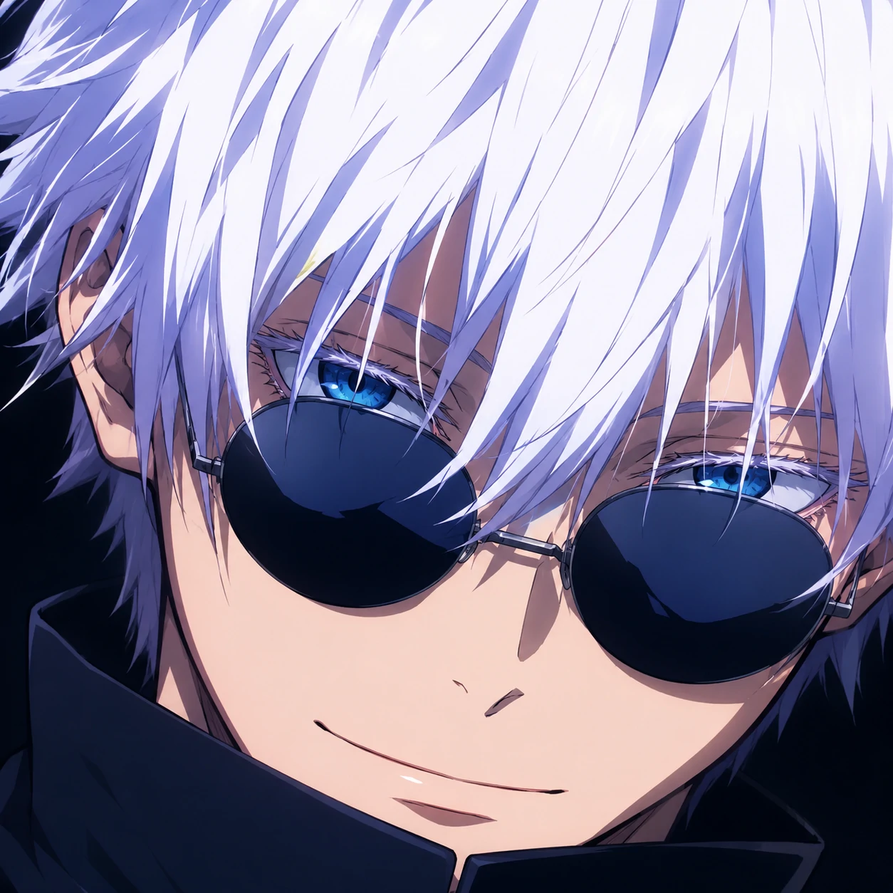 Anime Gojo pfp close-up with sunglasses and bright white hair