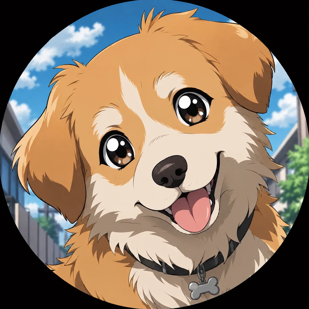 Anime-style dog profile picture with glossy eyes and cel shading
