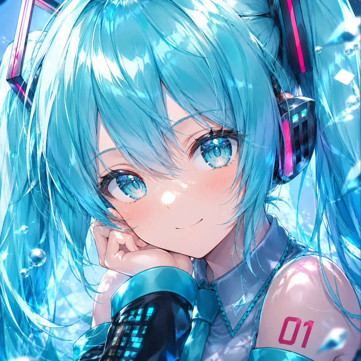 Miku 4k avatar with aqua shine highlights and crisp anime close-up composition