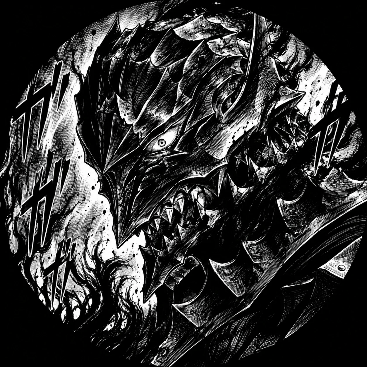 Manga panel pfp of Guts in berserker armor, black and white horror shot