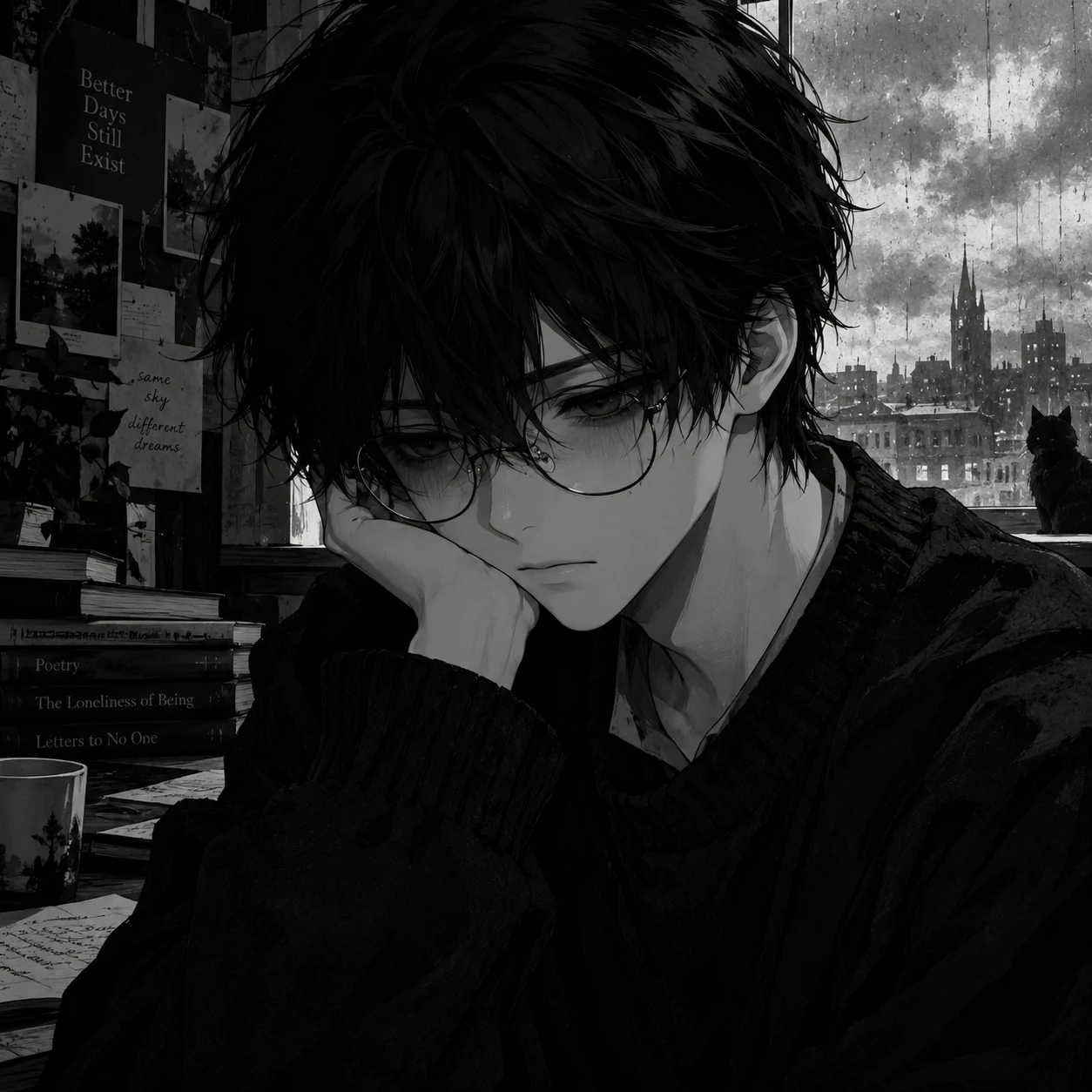 Black and white anime boy icon with glasses and melancholic emo look