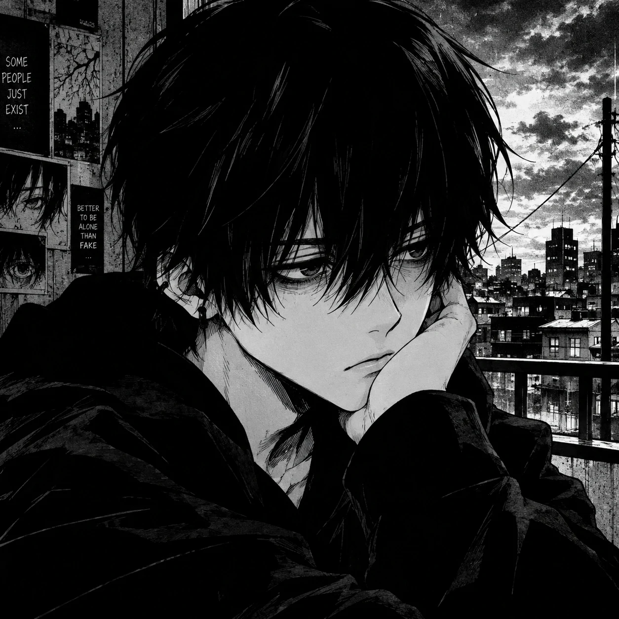 Black and white emo anime boy PFP in manga panel style