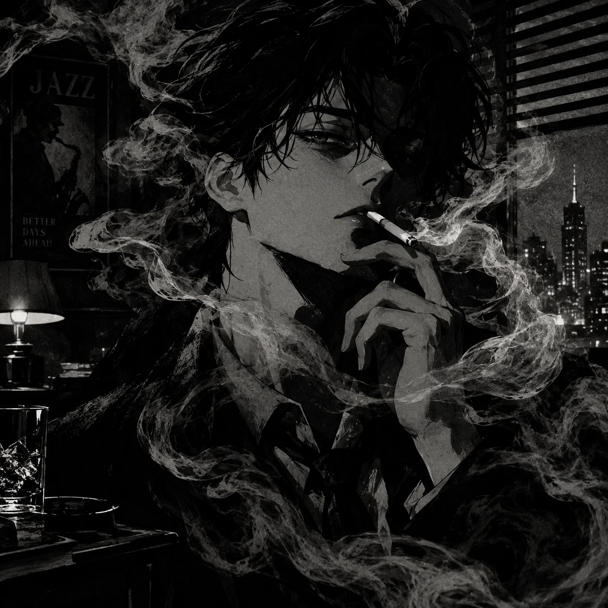 Black and white anime boy PFP with swirling smoke in noir style