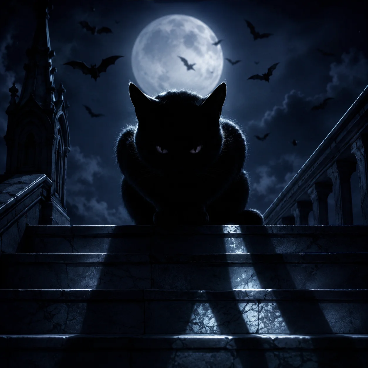Aesthetic black cat silhouette cat pfp on moonlit staircase for melancholic Instagram profiles
