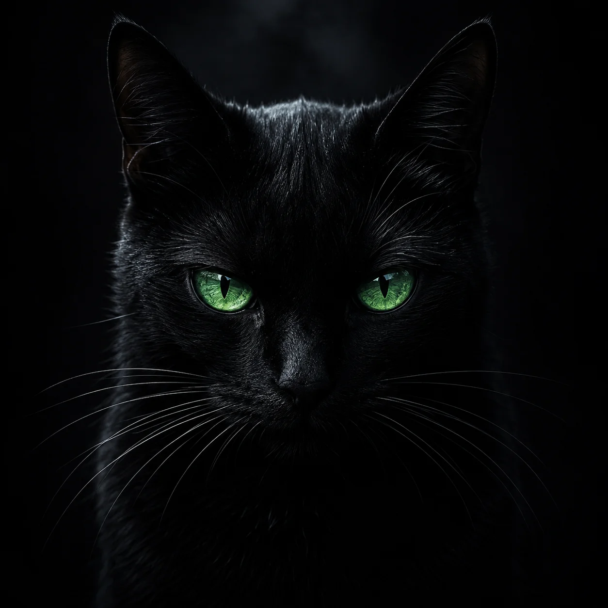 Dark moody black cat pfp with glowing green eyes for gothic Discord and alt aesthetic profiles