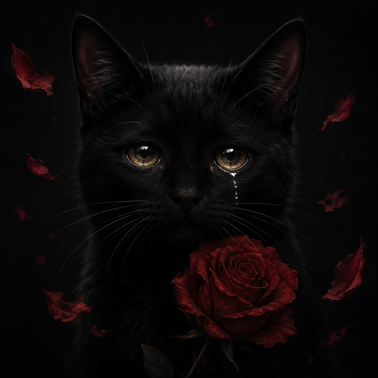 Emotional black cat pfp with red rose petals and silent tear for dramatic alt profile-picture