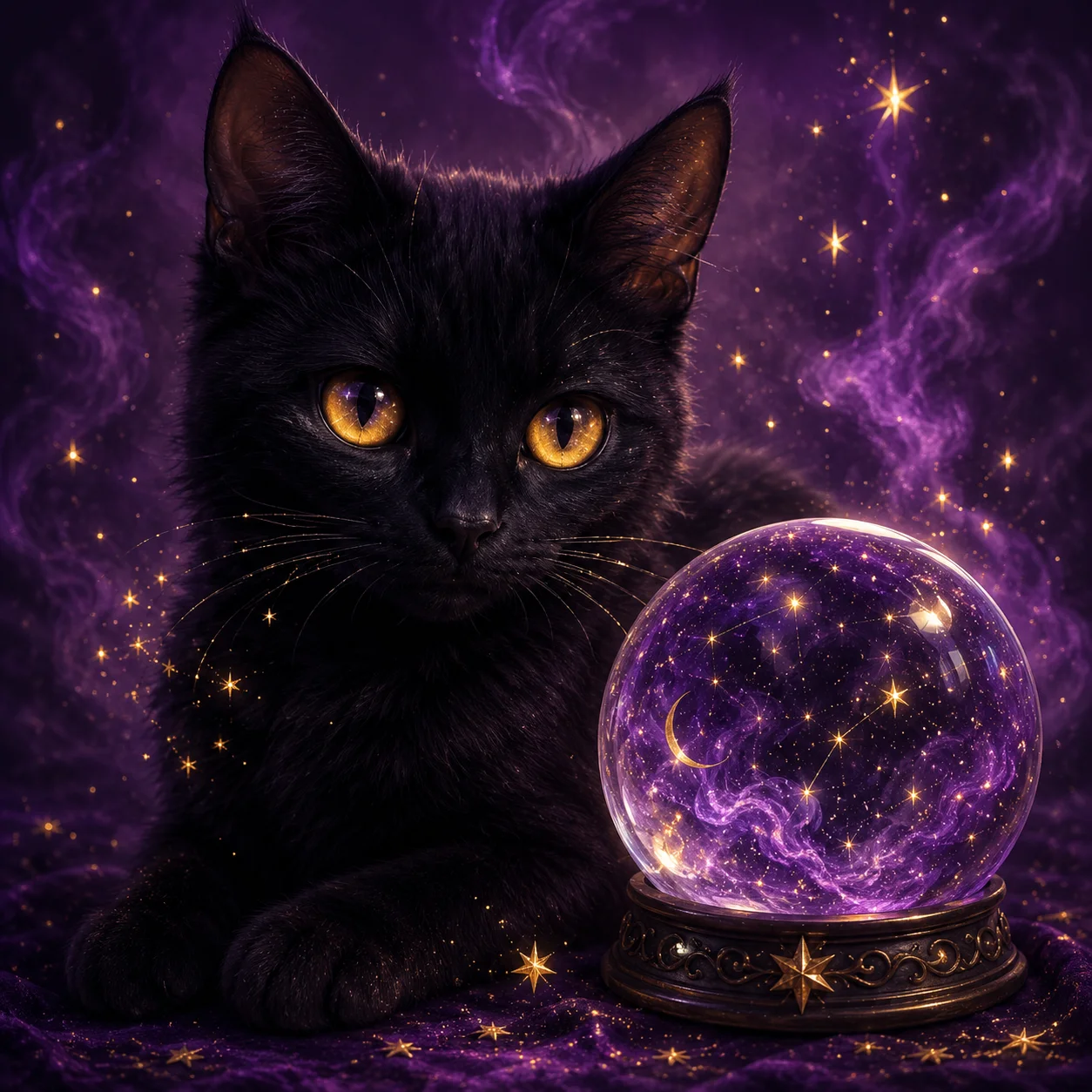 Witchy black cat pfp beside glowing crystal ball with floating stars for mystical aesthetic profile