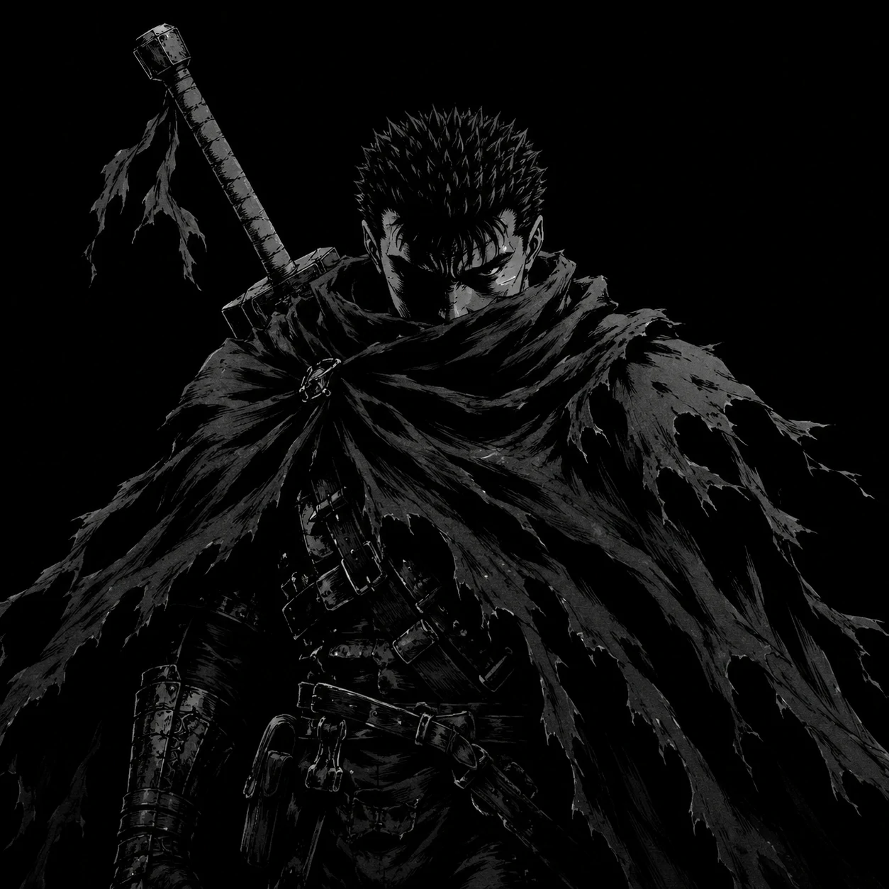 Black swordsman avatar of Guts in a tattered cloak against a dark backdrop