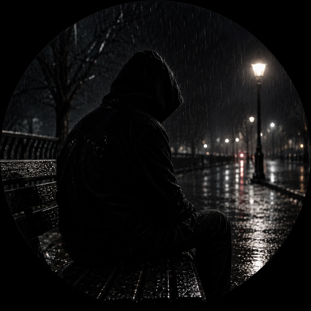 Faceless figure on rainy bench for a black unknown pfp.