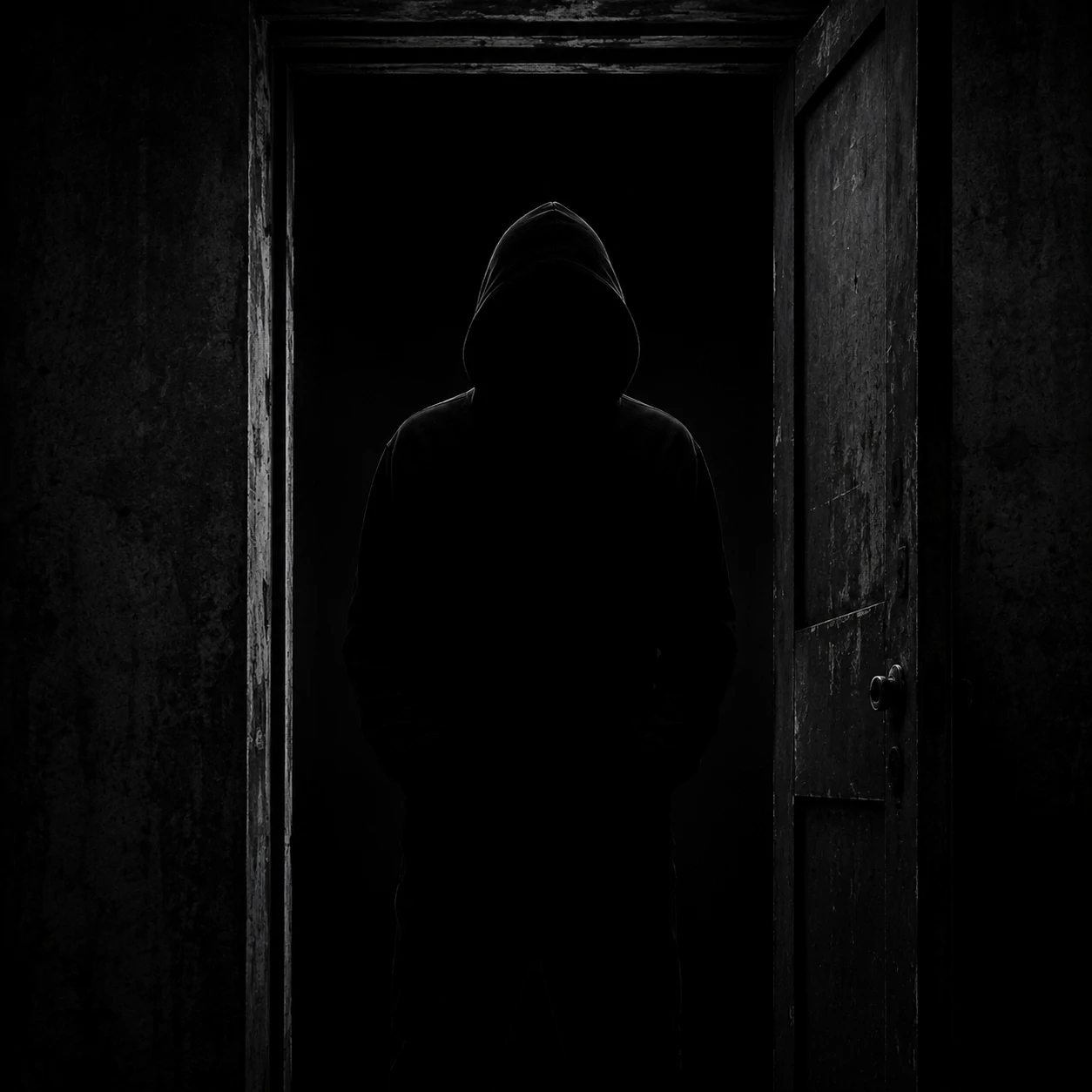 Hooded figure in a dark doorway for black unknown pfp.