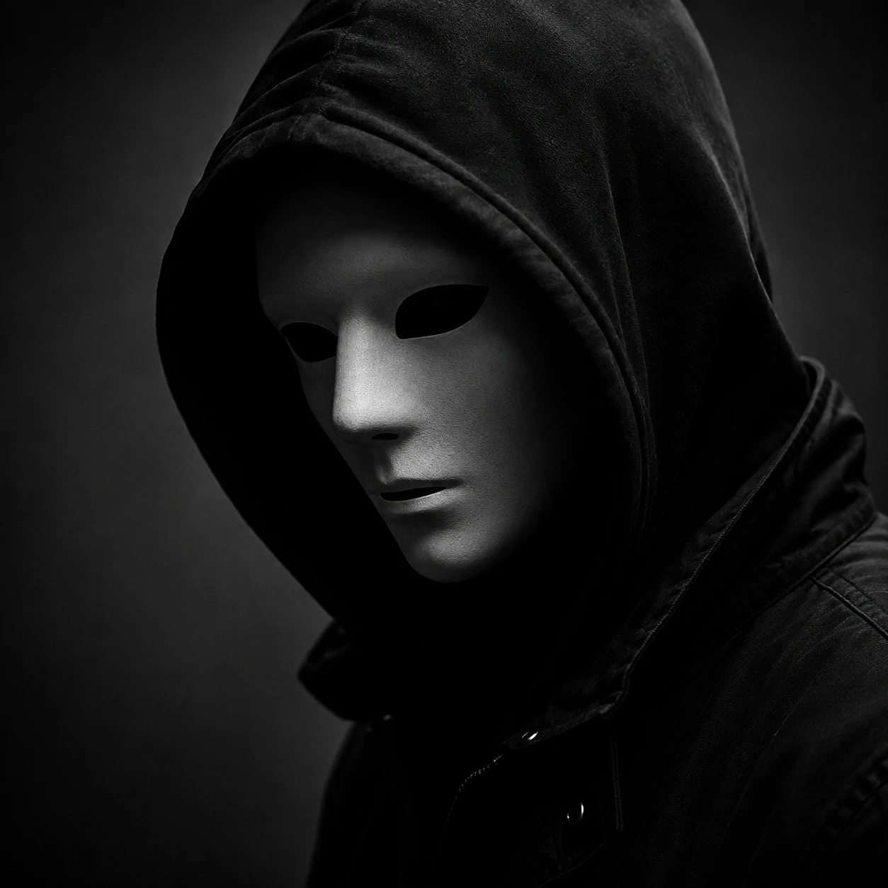 Monochrome masked portrait for a black unknown pfp style.
