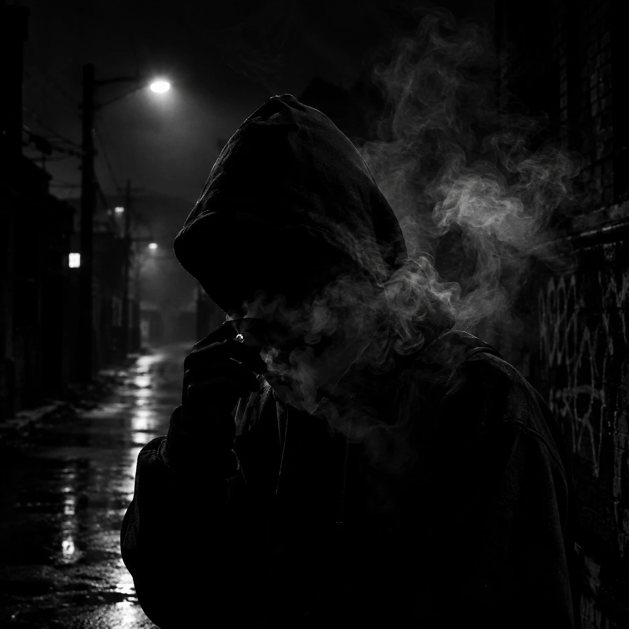 Shadowy street portrait with smoke for a black unknown pfp.