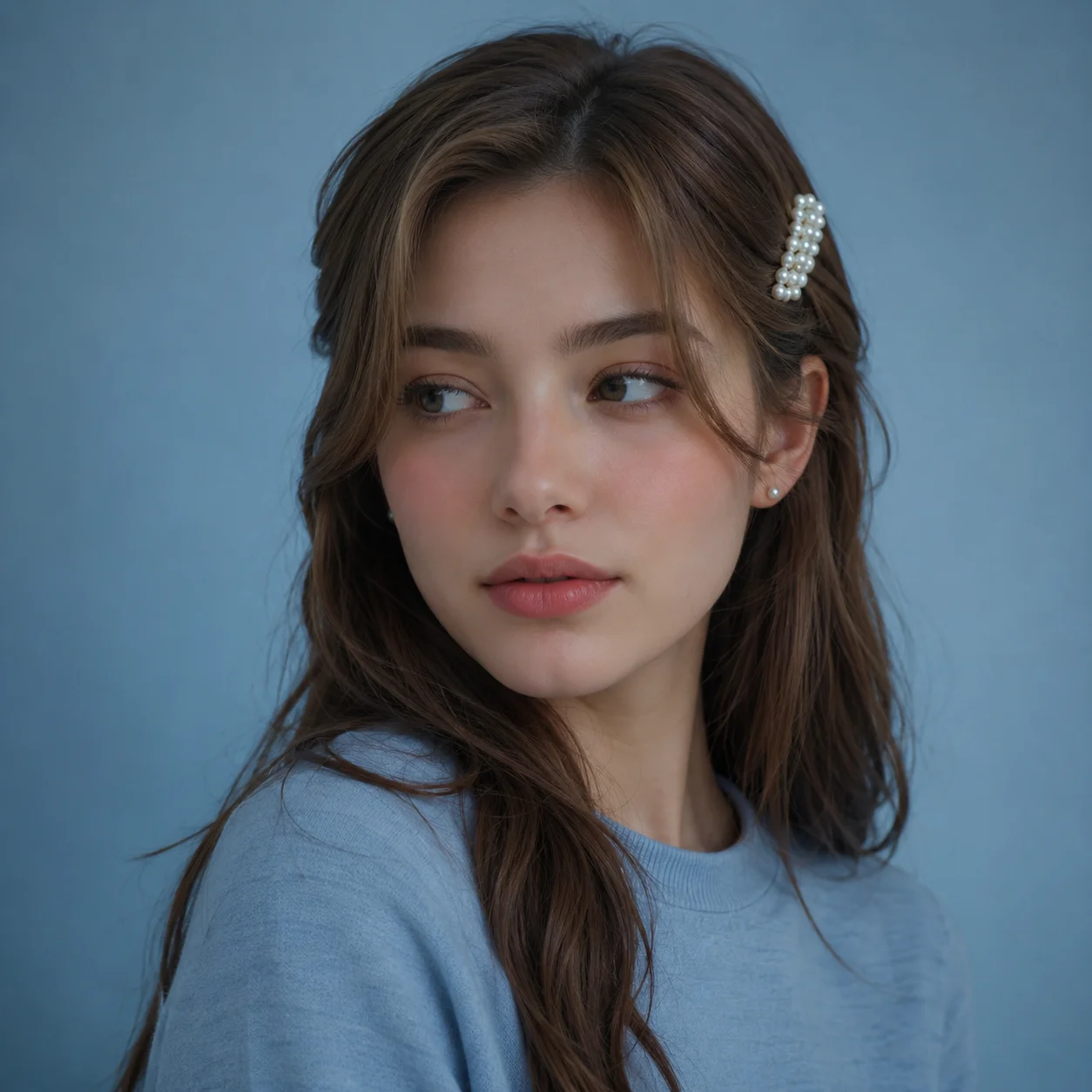 Blue aesthetic preppy avatar with pearl clip and side glance for refined social media profiles