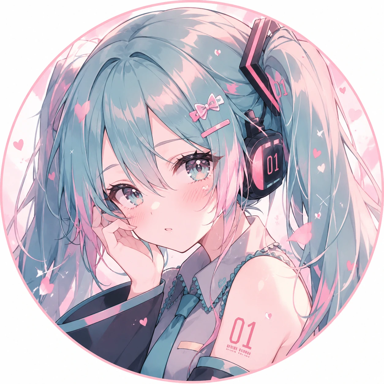Aesthetic Miku avatar with blush pink highlights and delicate anime eye detail