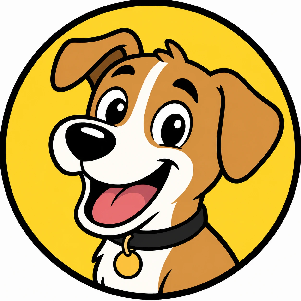 Cartoon dog profile picture with bold black outline and flat palette