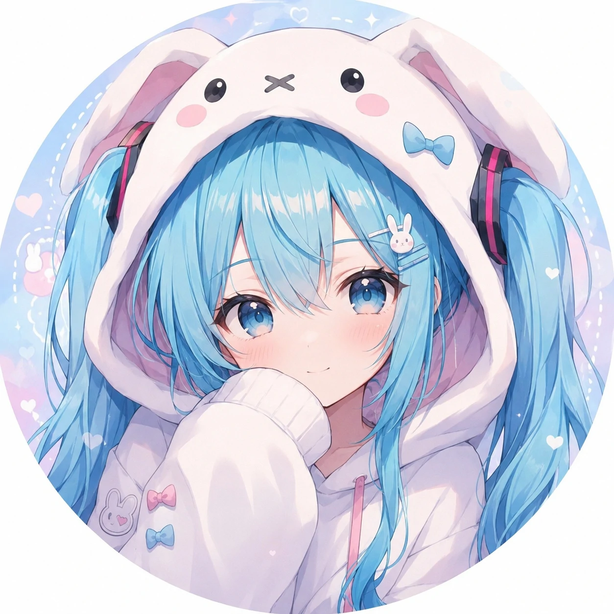Cute Miku pfp wearing bunny hoodie with bright blue hair and soft expression