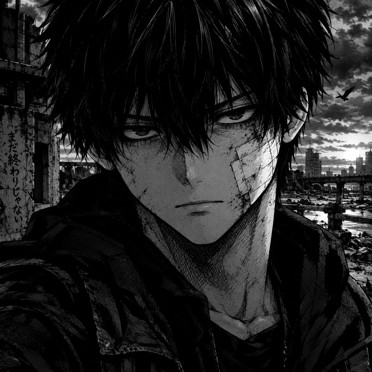 Black and white manga anime boy PFP with bandaged cheek, dark emo style