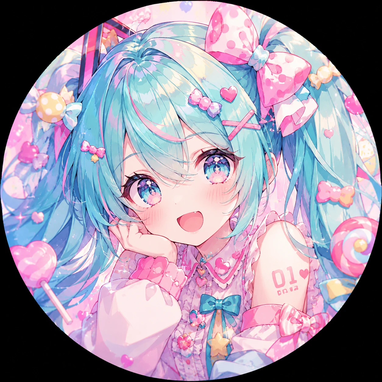 Cute Miku avatar with candy colors, soft ribbons, and sparkling anime eyes