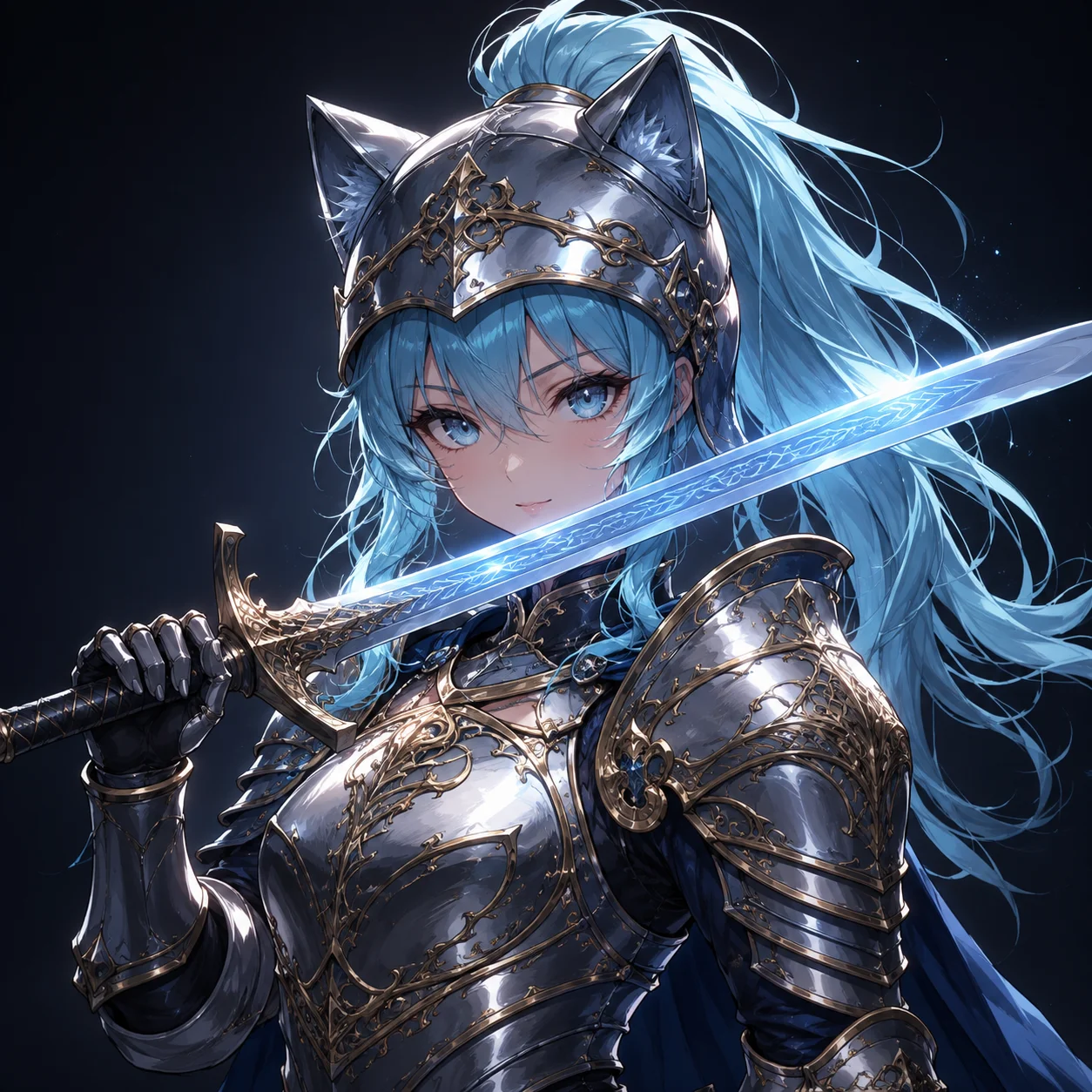 Fantasy armored anime cat girl pfp with sword for heroic anime profile picture