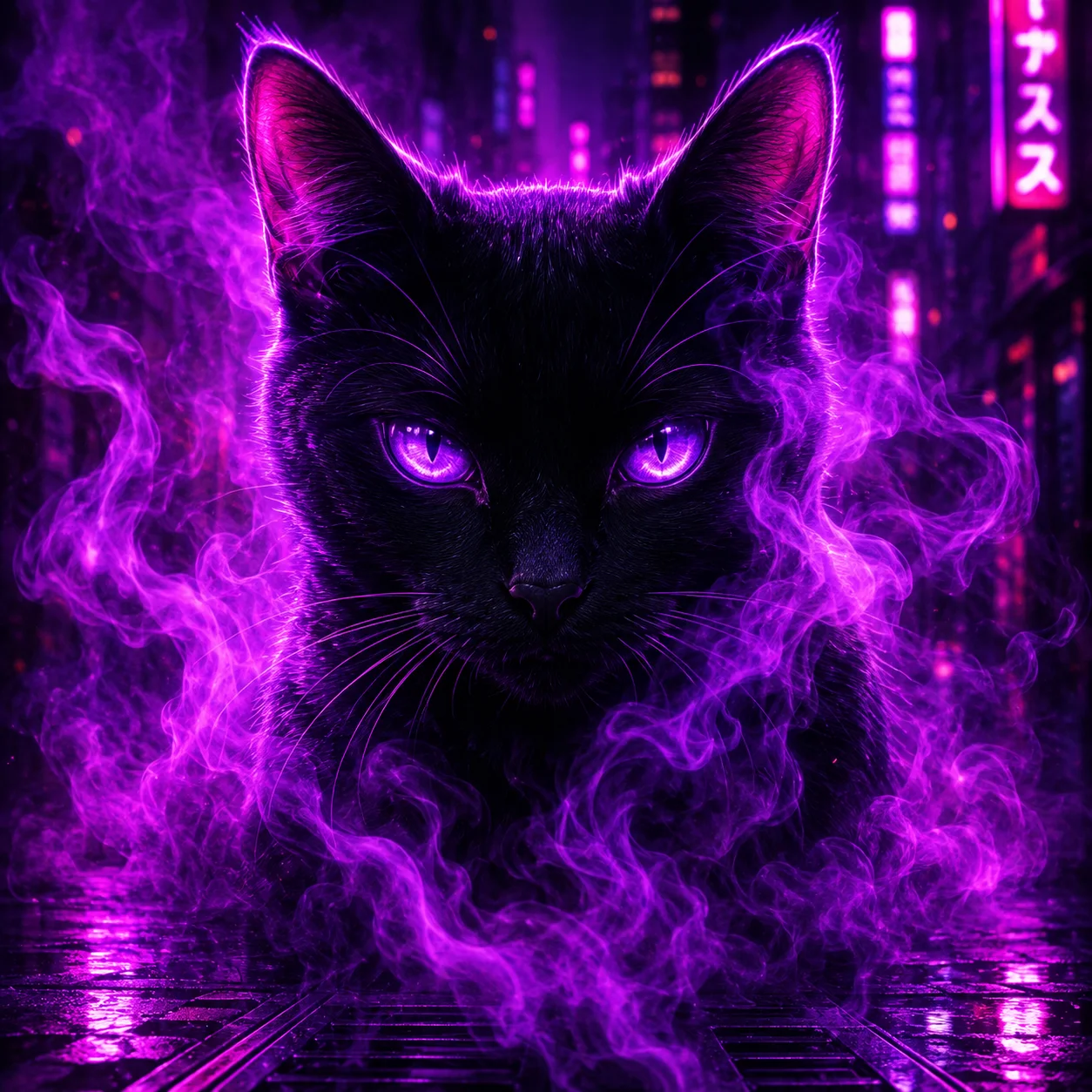 Neon cyberpunk black cat pfp emerging from purple smoke for futuristic Discord profile picture