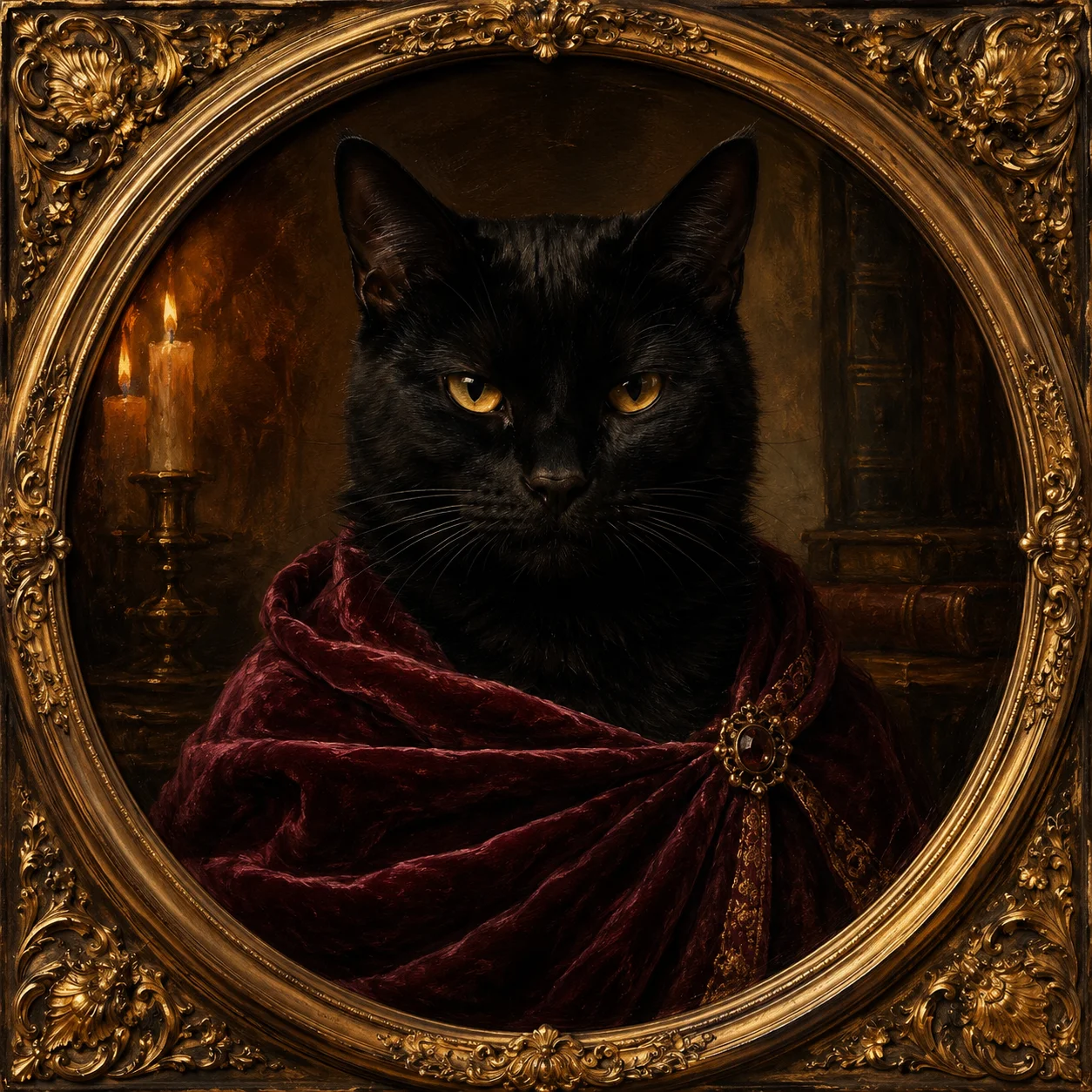 Vintage framed black cat pfp portrait in deep red velvet for classy mysterious Discord profile