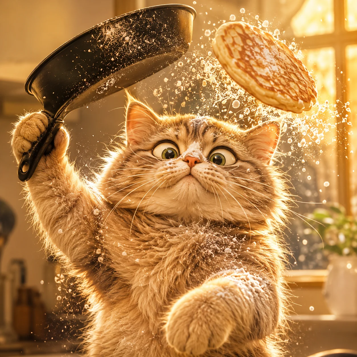 Funny pancake-flipping cat pfp meme with kitchen chaos for chaotic neutral profile picture