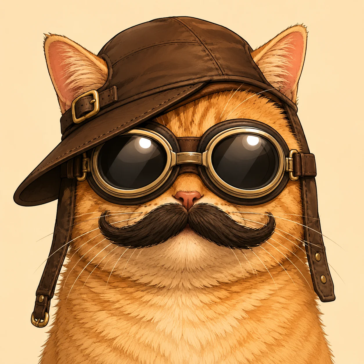 Funny cat pfp wearing aviator goggles and fake mustache for silly stealth-themed profile picture