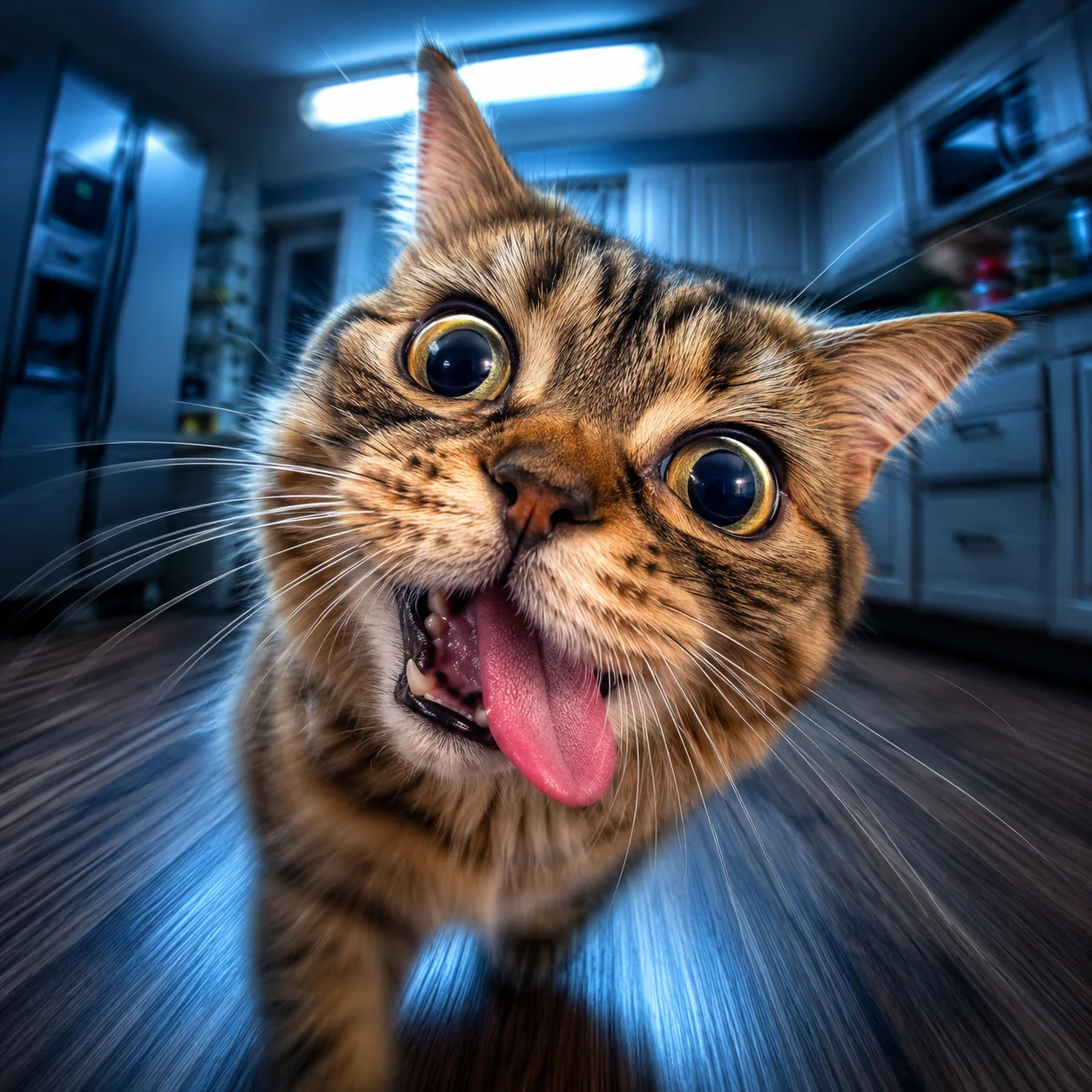 Funny derpy cat pfp with tongue out and zoomies expression for silly TikTok bio profile