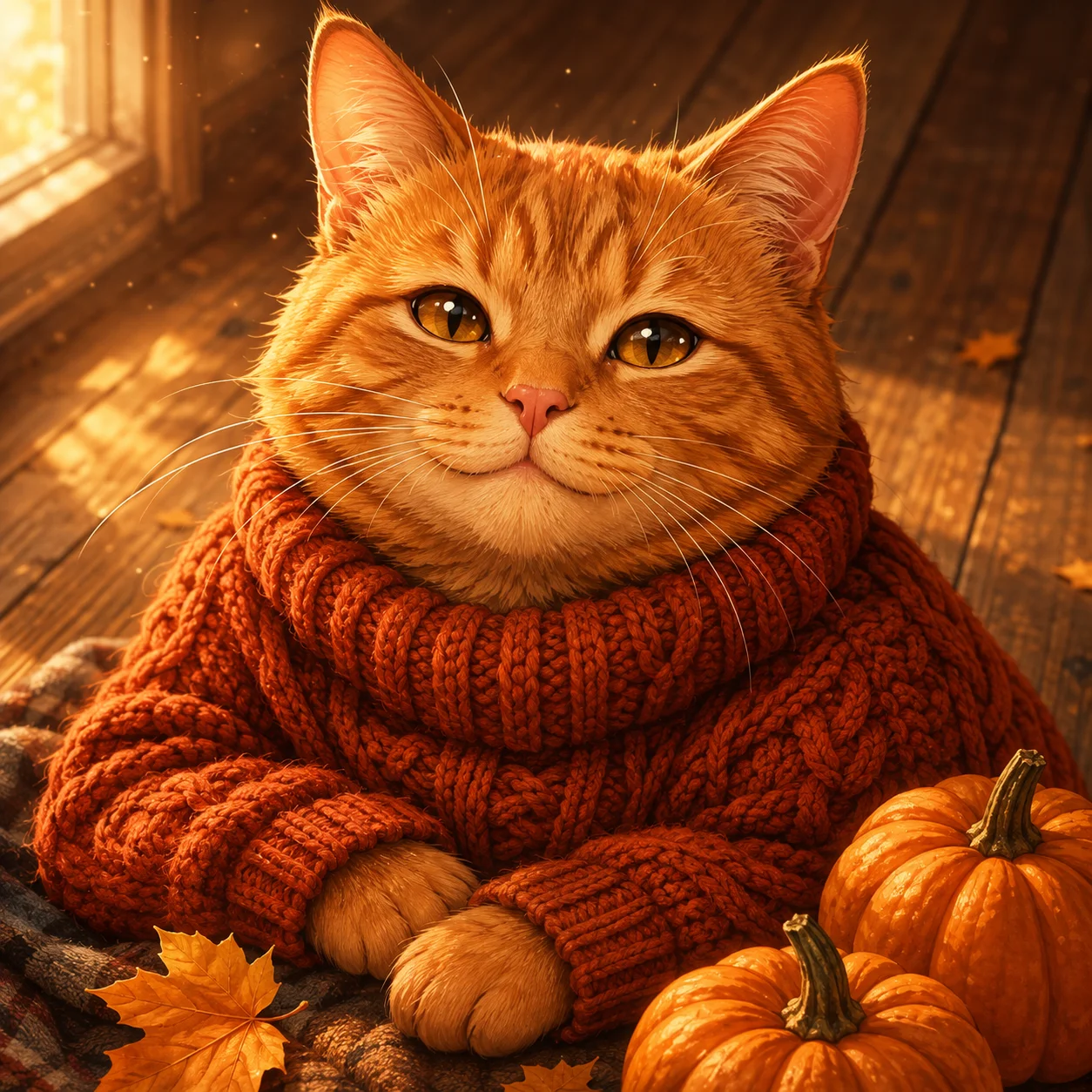 Cozy orange cat pfp in autumn sweater beside pumpkin for fall aesthetic profile-picture