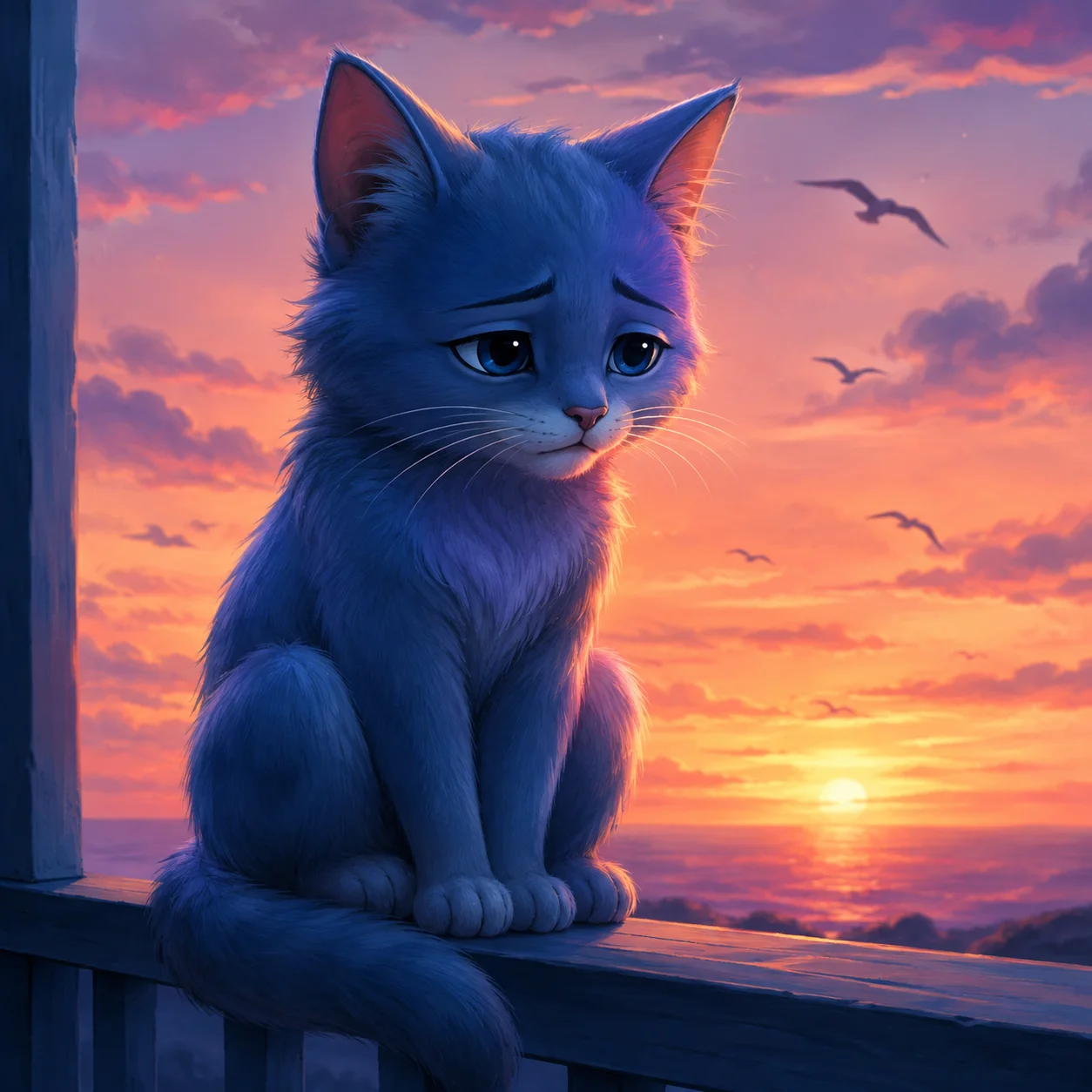 Blue-toned sunset sad cat pfp profile picture for reflective goodbye and lonely aesthetic