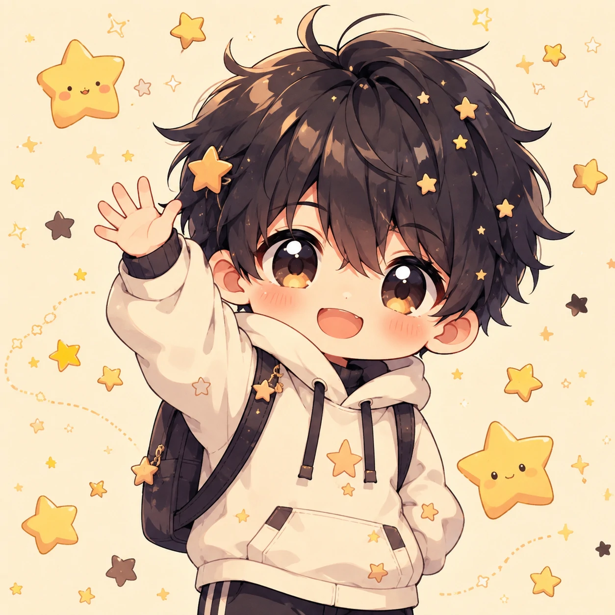 Chibi anime boy PFP in kawaii style surrounded by tiny stars