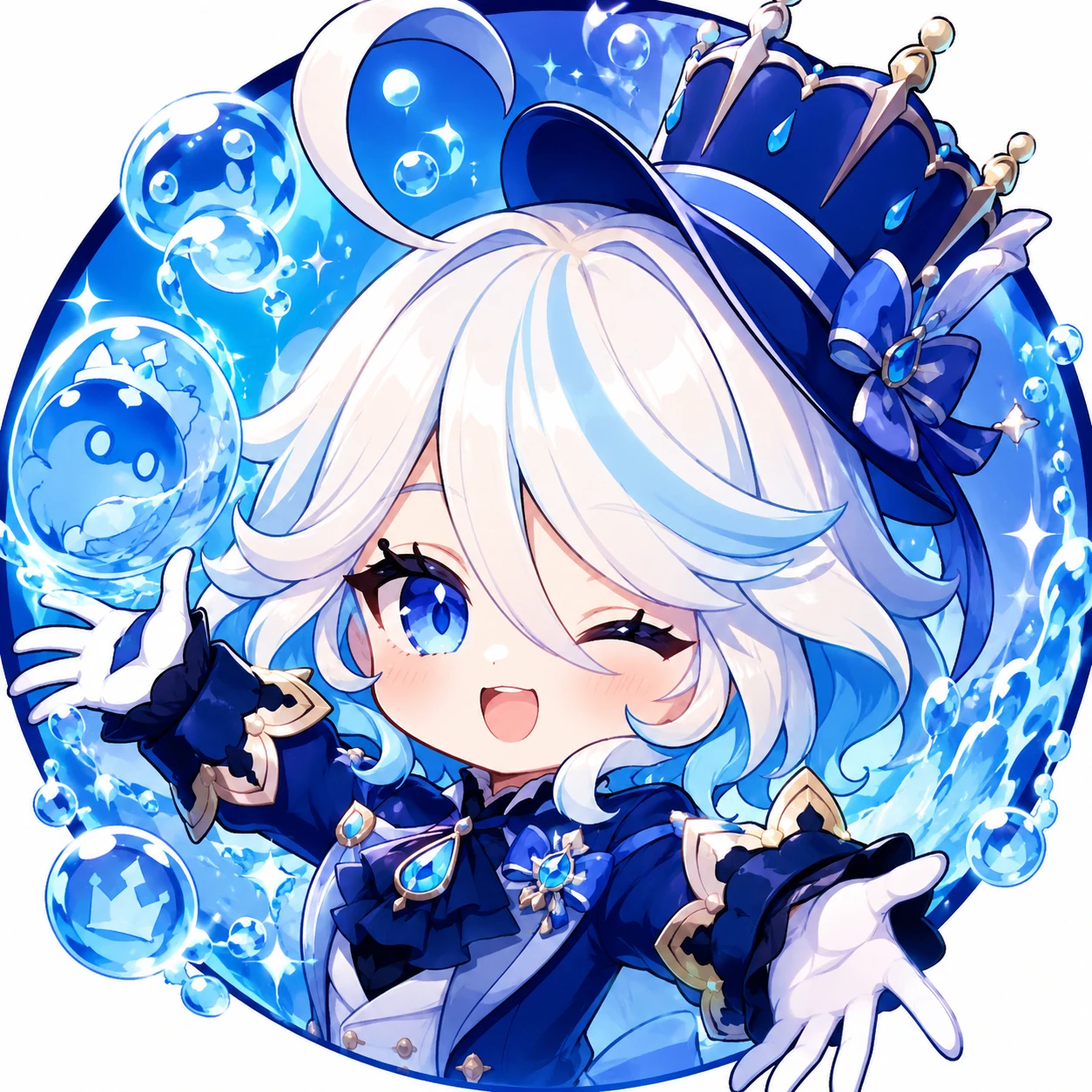 chibi-furina-pfp-hydro-bubble Chibi Furina pfp with Hydro bubble effects and bright blue cartoon style