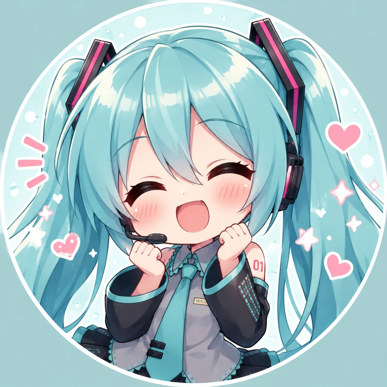 Cute Miku pfp with bright smile, blush cheeks, and chibi anime proportions