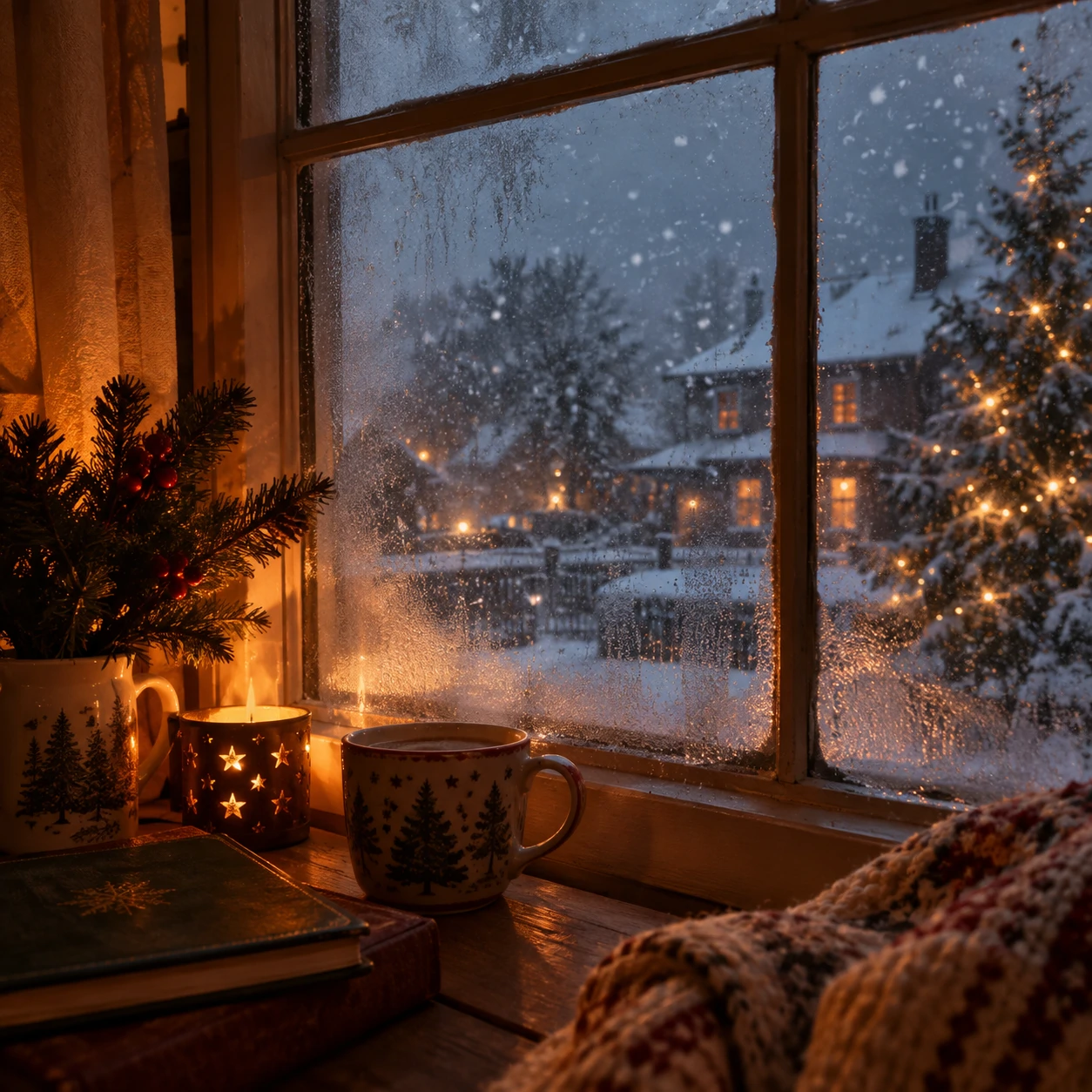 Aesthetic Christmas PFP showing a foggy window with soft snowfall outside and warm inside light