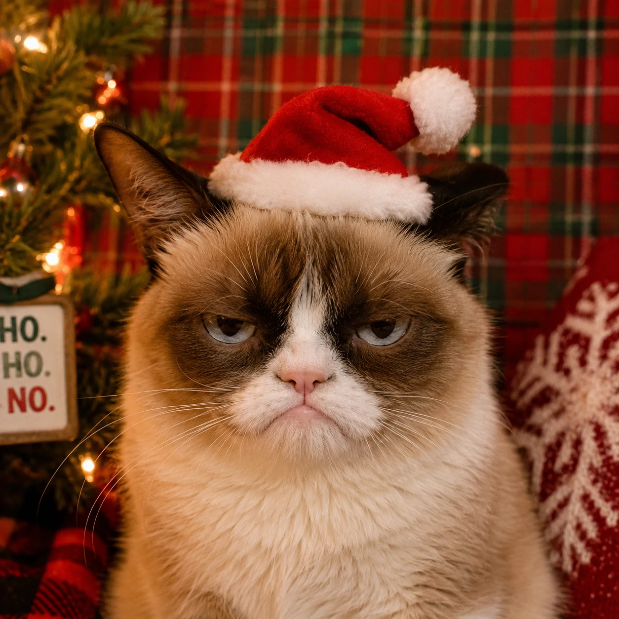 Funny Christmas cat PFP of a grumpy-looking cat in a small Santa hat with a done facial expression