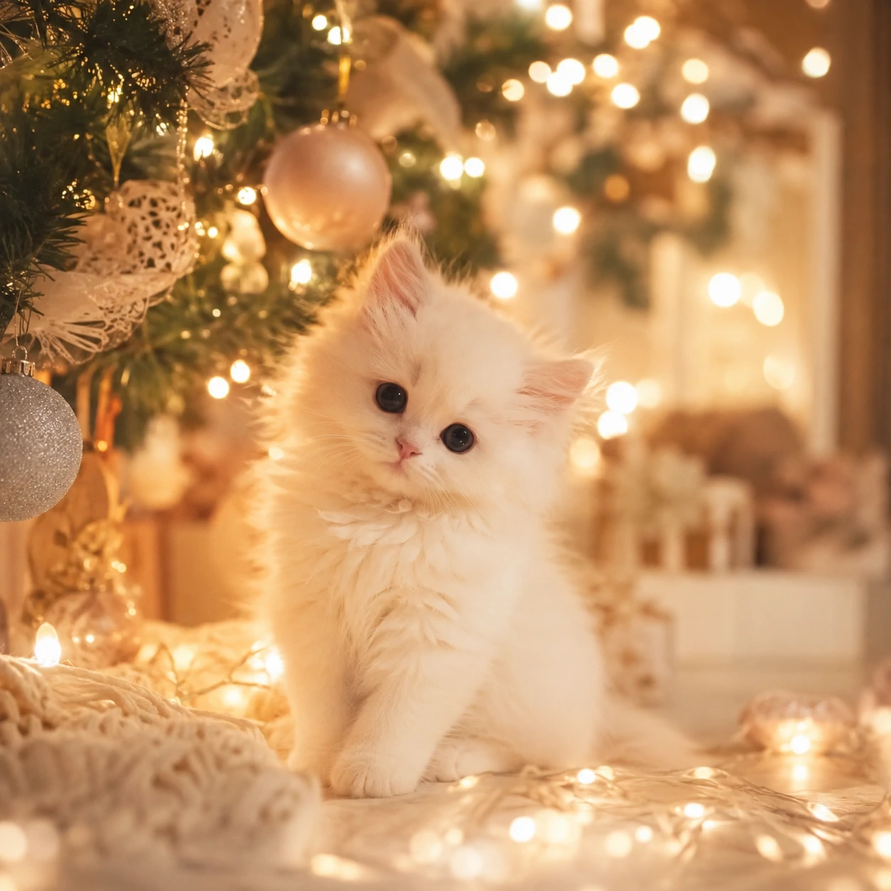 Christmas cat PFP of a fluffy white kitten sitting under warm fairy lights near a Christmas tree