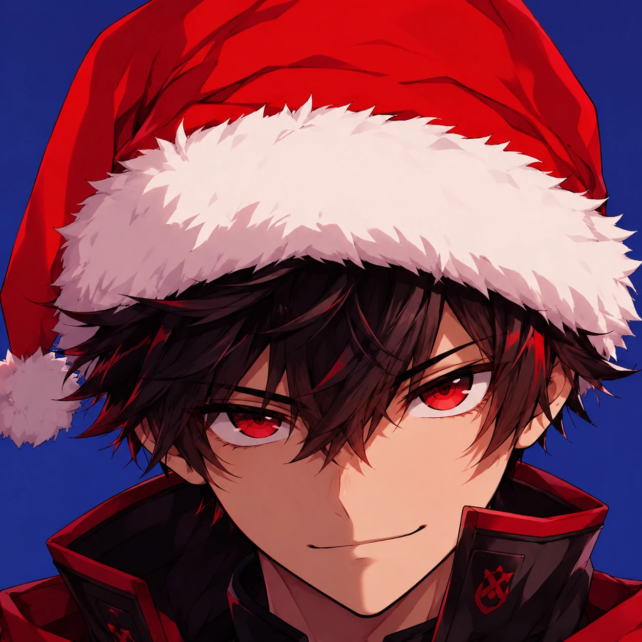 Christmas Discord PFP of an anime character face close-up with a bold red Santa hat filling the frame